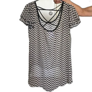 Chevron / Zig - Zag Black & Cream Short Sleeve Sheer Shirt